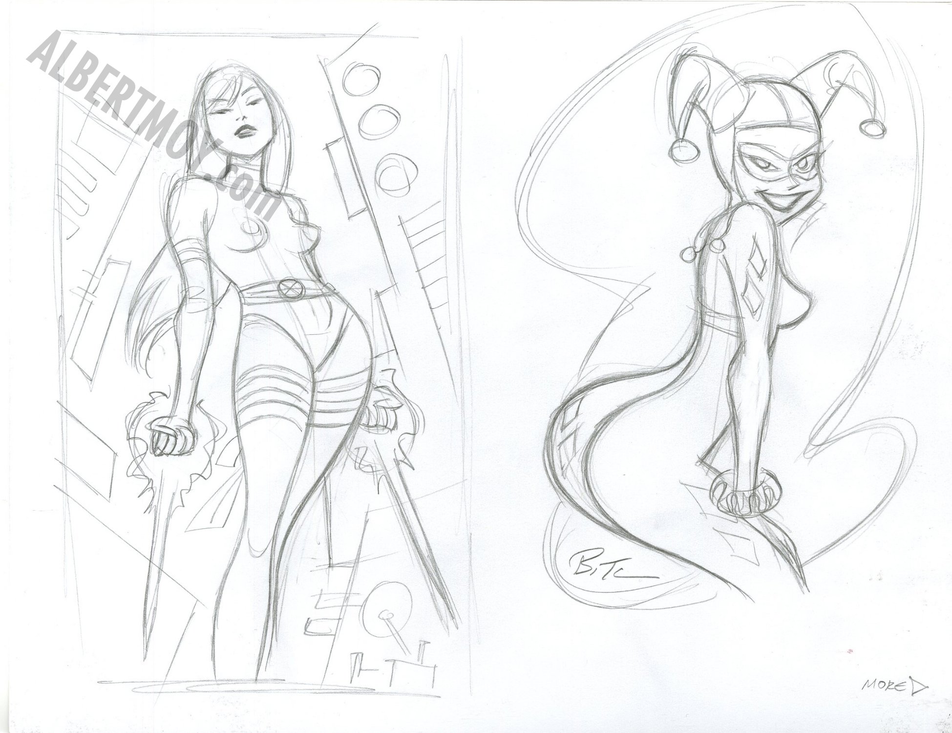 Albert Moy : Original Comic Art - Harley Quinn and Psylocke by Bruce Timm