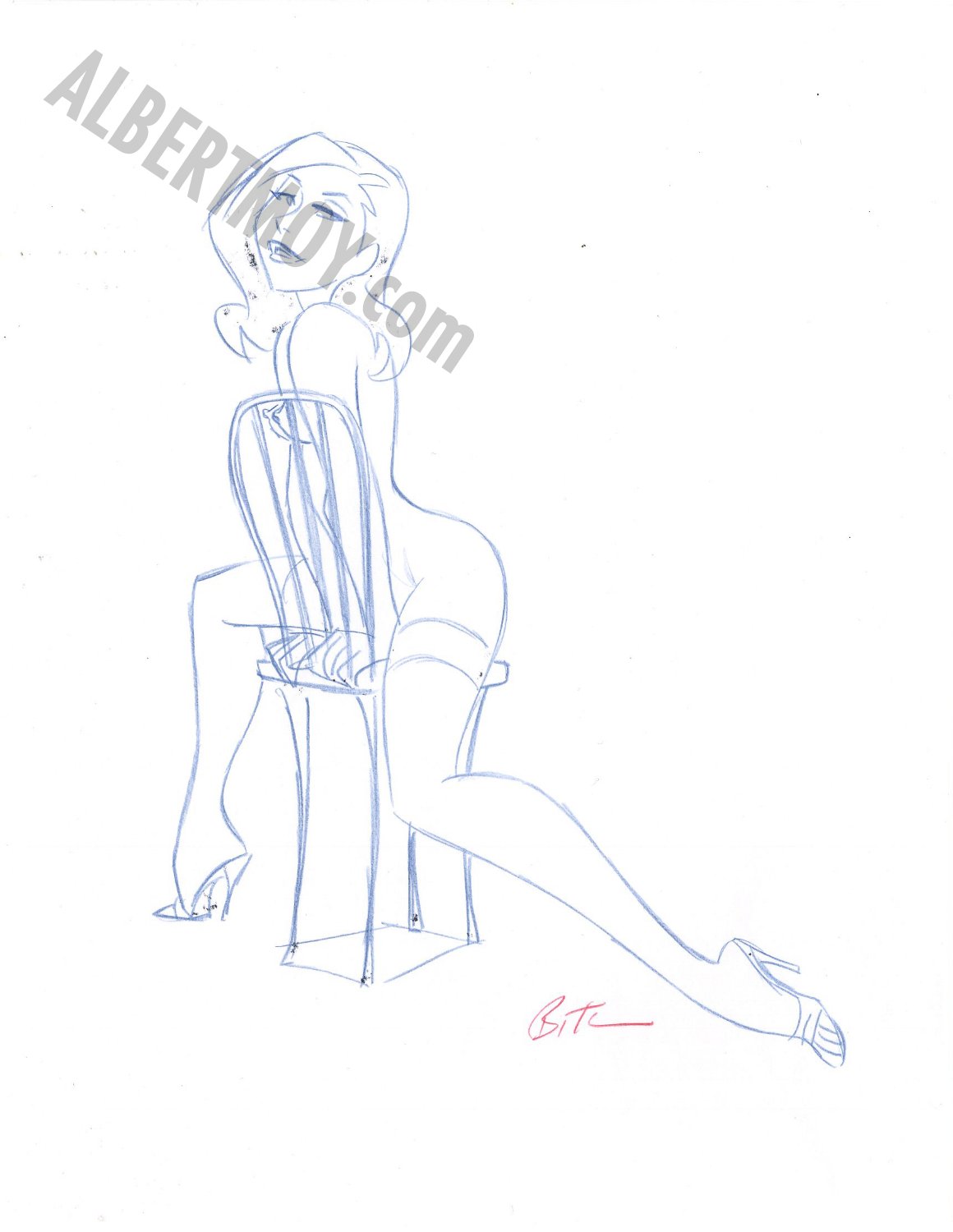 Albert Moy : Original Comic Art - Nude girl on chair- blue pencils by Joe  Chiodo