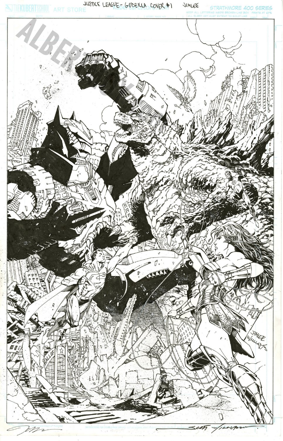 Albert Moy : Original Comic Art - Justice League- Godzilla by Jim Lee