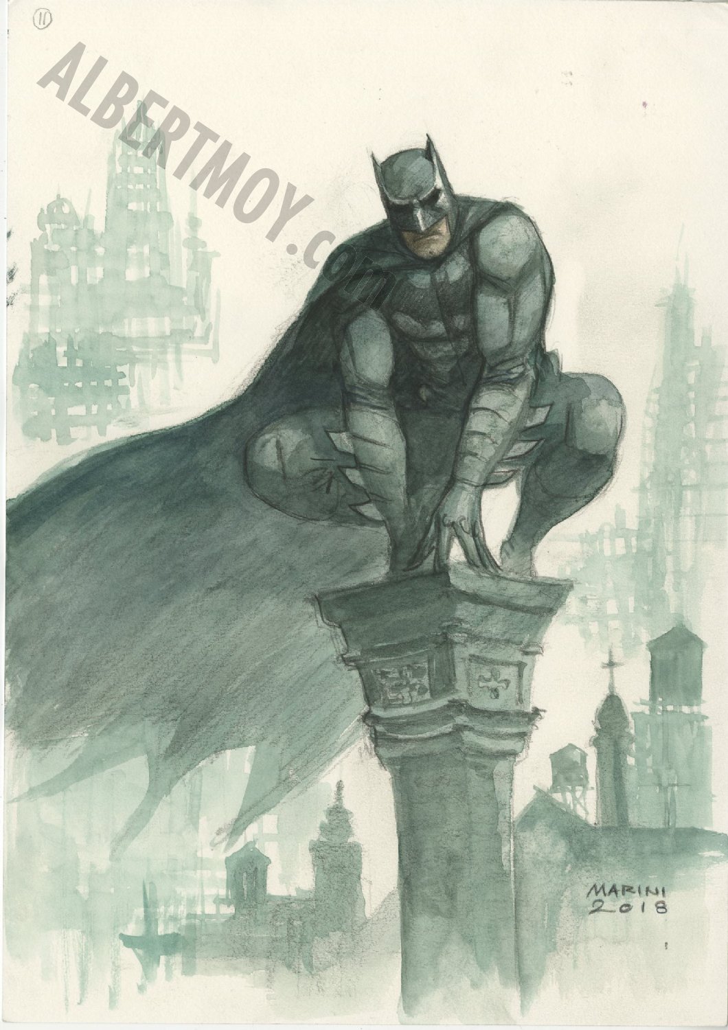 Albert Moy : Original Comic Art - Batman over City by Enrico Marini
